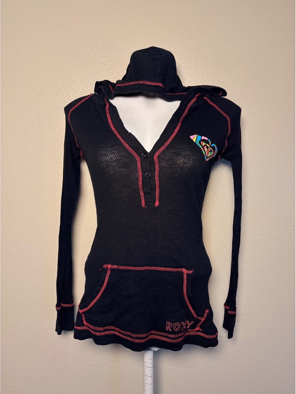 Y2K Roxy Henley Hooded Long Sleeve Shirt Colorful